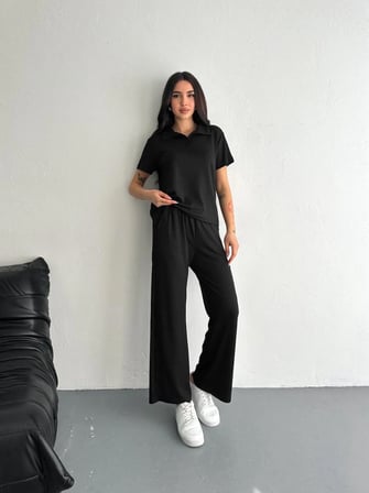 Kadın Osy Modal Yumuşak Dokulu Kumaş Kısa Kollu Yakalı T-shirt Pantolon ikili Takım- Siyah