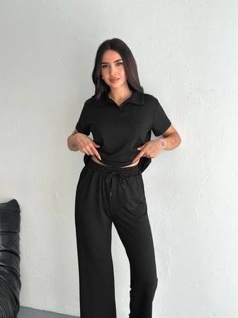 Kadın Osy Modal Yumuşak Dokulu Kumaş Kısa Kollu Yakalı T-shirt Pantolon ikili Takım- Siyah