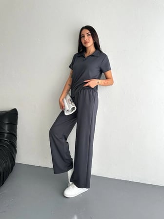 Kadın Osy Modal Yumuşak Dokulu Kumaş Kısa Kollu Yakalı T-shirt Pantolon ikili Takım- Antrasit