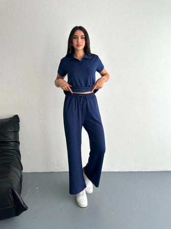 Kadın Osy Modal Yumuşak Dokulu Kısa Kollu Yakalı Pantolon ikili Takım - Lacivert