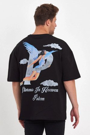Erkek Melek Baskılı T-Shirt Kısa Kol Bisiklet Yaka Rahat Kalıp Günlük Tişört - Siyah