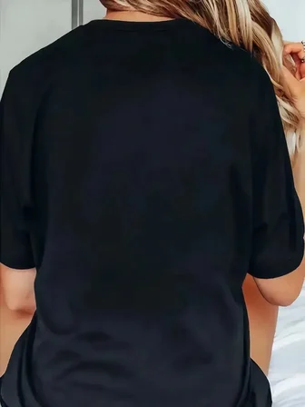 Kadın Kısa Kol Yazlık Tişört Bisiklet Yaka Baskılı Oversize T-Shirt - Siyah