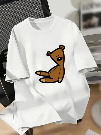 Kadın Tişört Bisiklet yaka Ayı Baskılı yazlık Kısa Kol T-shirt - Beyaz