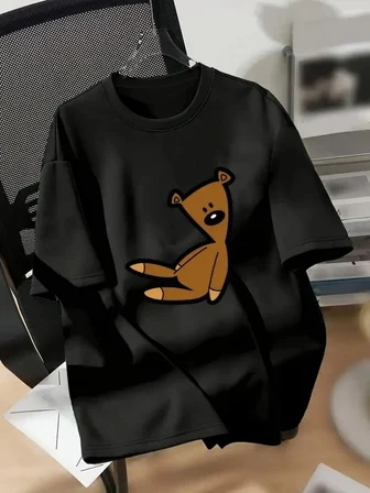 Kadın Tişört Ayı Baskılı Bisiklet Yaka Yazlık Kısa Kol T-shirt - Siyah