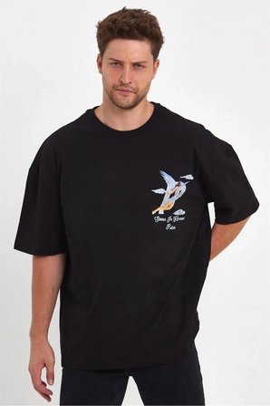 Erkek Melek Baskılı T-Shirt Kısa Kol Bisiklet Yaka Rahat Kalıp Günlük Tişört - Siyah