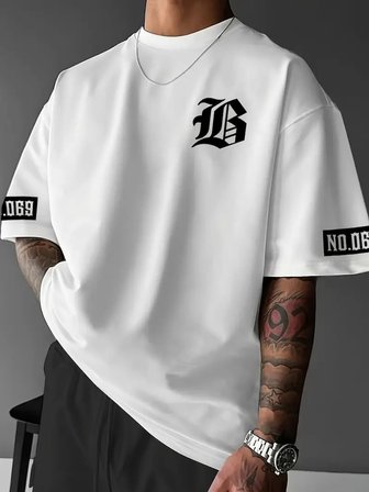Erkek LB Baskılı Tişört Bisiklet Yaka Kısa Kol T-shirt - Beyaz