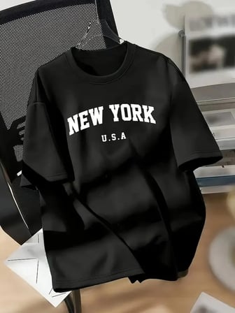 kadın New York Baskılı Tişört Kısa Kol Bisiklet Yaka T-shirt - Siyah