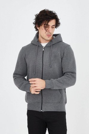 Erkek 3 İplik Pamuklu Fermuarlı Kapüşonlu Kanguru Cepli Hoodie Hırka Sweatshirt - Füme