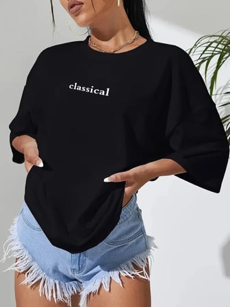 Kadın T-shirt Penye Compack Classical Baskılı Kısa kol Tişört - Siyah