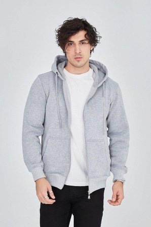 Erkek 3 İplik Pamuklu Fermuarlı Kapüşonlu Kanguru Cepli Hoodie Hırka Sweatshirt - Gri