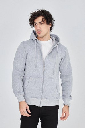Erkek 3 İplik Pamuklu Fermuarlı Kapüşonlu Kanguru Cepli Hoodie Hırka Sweatshirt - Gri