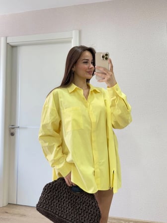 Poplin Kadın Yakalı Yandan Yırtmaçlı Arka Pens Detaylı Gömlek - Sarı
