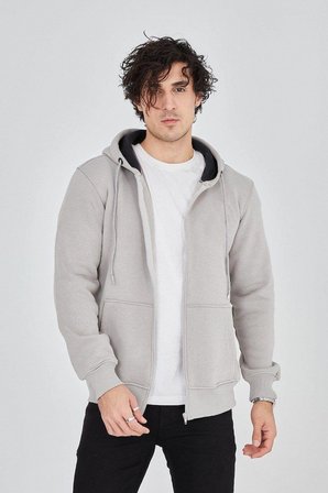 Erkek 3 İplik Pamuklu Fermuarlı Kapüşonlu Kanguru Cepli Hoodie Hırka Sweatshirt - Boyalı Gri