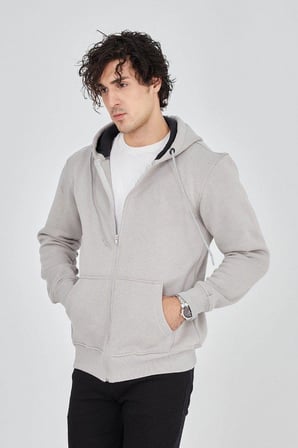 Erkek 3 İplik Pamuklu Fermuarlı Kapüşonlu Kanguru Cepli Hoodie Hırka Sweatshirt - Boyalı Gri