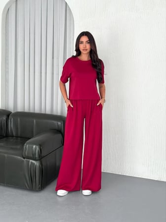 Kadın Osy Modal Yumuşak Dokulu Kumaş Bisiklet Yaka T-shirt Bol paça Pantolon ikili Takım -Bordo