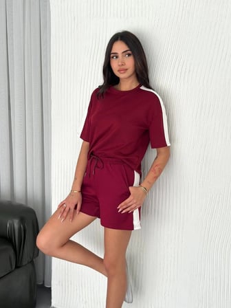 Osy Modal yumuşak dokulu Kumaş Kadın Parçalı Bisiklet Yaka T-shirt Kısa Şort İkili Takım - Bordo