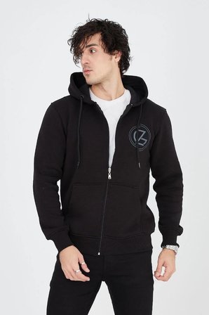 Erkek 3 İplik Pamuklu Fermuarlı Kapüşonlu Kanguru Cepli Baskılı Hoodie Hırka Sweatshirt - Siyah