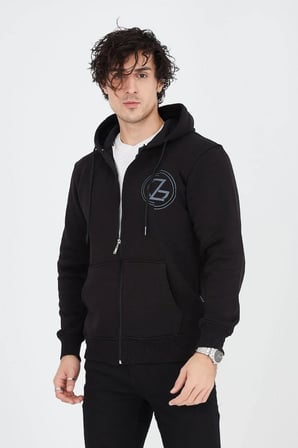 Erkek 3 İplik Pamuklu Fermuarlı Kapüşonlu Kanguru Cepli Baskılı Hoodie Hırka Sweatshirt - Siyah