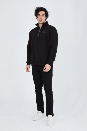 Erkek Yarım Fermuarlı Baskılı 3  iplik pamuklu sweatshirt - Siyah