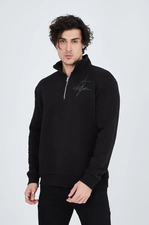 Erkek Yarım Fermuarlı Baskılı 3  iplik pamuklu sweatshirt - Siyah