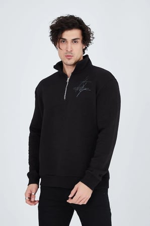 Erkek Yarım Fermuarlı Baskılı 3  iplik pamuklu sweatshirt - Siyah