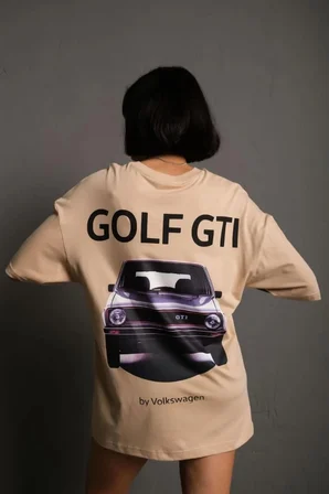 Kadın Oversize Tişört Golf GTI Retro Araba Baskılı T-shirt - Bej