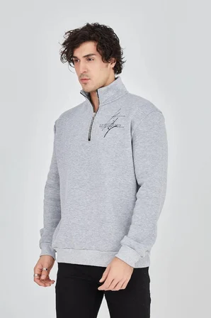 Erkek Yarım Fermuarlı Baskılı 3 iplik pamuklu sweatshirt - Gri