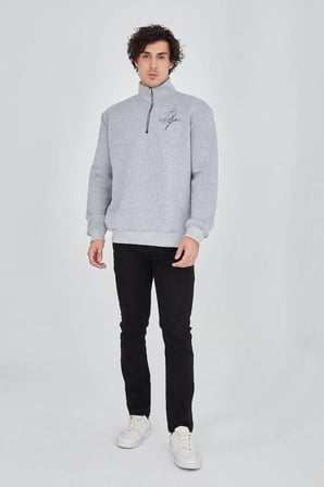 Erkek Yarım Fermuarlı Baskılı 3 iplik pamuklu sweatshirt - Gri