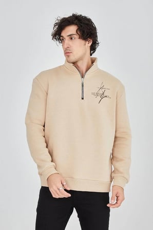 Erkek Yarım Fermuarlı Baskılı 3 iplik pamuklu sweatshirt - Bej