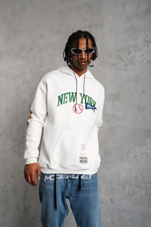Erkek 3 İplik Pamuklu Kapüşonlu Baskılı Cepli Oversize Sweatshirt Hoodie - Beyaz