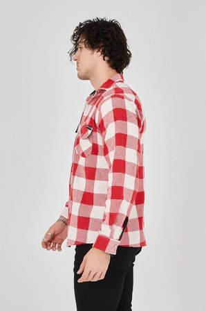 Erkek Oduncu Gömlek Uzun Kollu Şardonlu Kareli Desen Regular Fit Manşetli Çift - Kırmızı