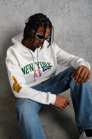 Erkek 3 İplik Pamuklu Kapüşonlu Baskılı Cepli Oversize Sweatshirt Hoodie - Beyaz