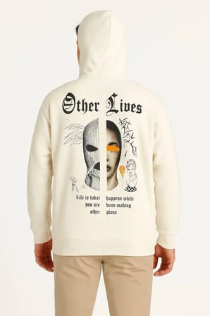 Erkek Kapüşonlu Kanguru Cepli Sweatshirt 3 İplik Pamuklu Baskılı Hoodie - Beyaz