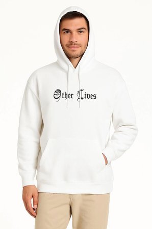 Erkek Kapüşonlu Kanguru Cepli Sweatshirt 3 İplik Pamuklu Baskılı Hoodie - Beyaz