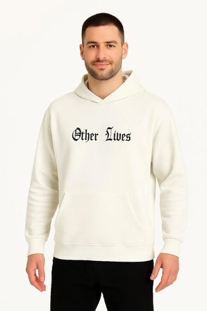 Erkek Kapüşonlu Kanguru Cepli Sweatshirt 3 İplik Pamuklu Baskılı Hoodie - Beyaz