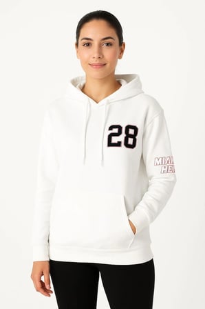 Kadın Kapüşonlu Kanguru Cepli Sweatshirt 3 İplik Pamuklu Baskılı Hoodie - Beyaz