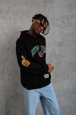Erkek 3 İplik Pamuklu Kapüşonlu Baskılı Cepli Oversize Sweatshirt Hoodie - Siyah