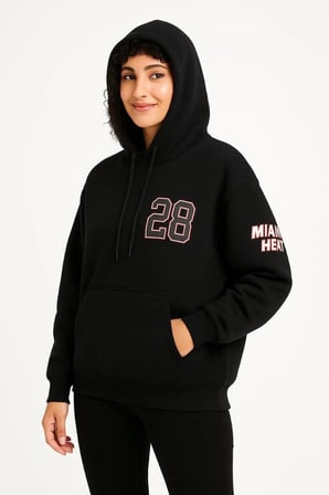 Kadın 3 İplik Pamuklu Kapüşonlu Kanguru Cepli Baskılı Hoodie Sweatshirt - Siyah