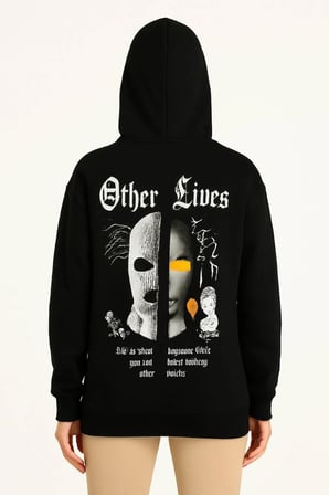Kadın Kapüşonlu Kanguru Cepli Sweatshirt 3 İplik Pamuklu Baskılı Hoodie - Siyah