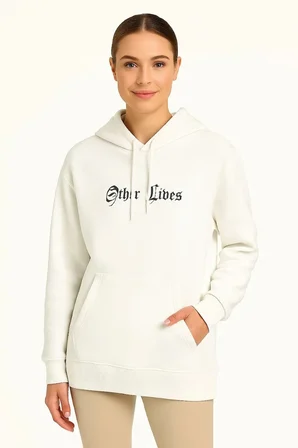 Kadın Kapüşonlu Kanguru Cepli Sweatshirt 3 İplik Pamuklu Baskılı Hoodie - Beyaz