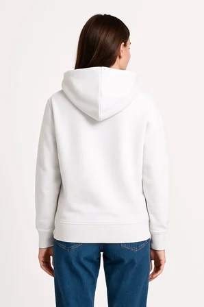 Kadın Kapüşonlu Kanguru Cepli 3 İplik Pamuklu Oversize Hoodie Sweatshirt - Beyaz