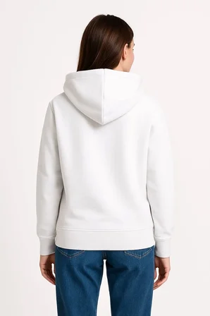 Kadın Kapüşonlu Kanguru Cepli 3 İplik Pamuklu Oversize Hoodie Sweatshirt - Beyaz
