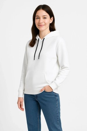 Kadın Kapüşonlu Kanguru Cepli 3 İplik Pamuklu Oversize Hoodie Sweatshirt - Beyaz