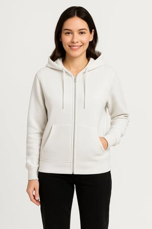 Kadın 3 İplik Kapüşonlu Tam Fermuarlı Kanguru Cepli Sweatshirt Hoodie - Beyaz