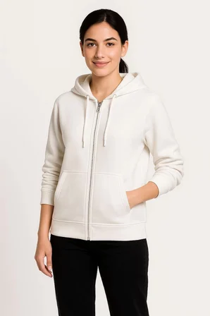 Kadın 3 İplik Kapüşonlu Tam Fermuarlı Kanguru Cepli Sweatshirt Hoodie - Beyaz