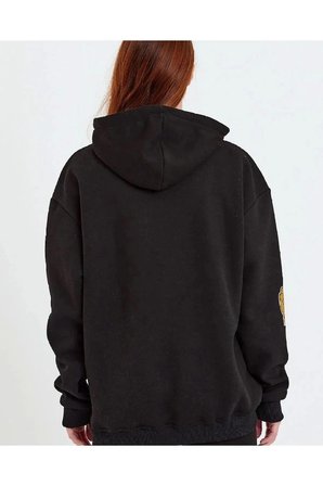 Kadın Oversize Kapüşonlu Cepli Ön Kol Baskılı 3 İplik Pamuklu Hoodie Sweatshirt - Siyah