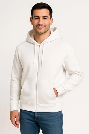 Erkek 3 İplik Pamuklu Kapüşonlu Tam Fermuarlı Cepli Hoodie Sweatshirt - Beyaz