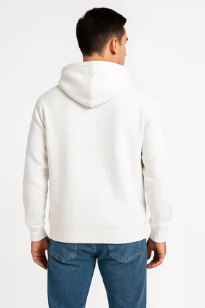 Erkek 3 İplik Pamuklu Kapüşonlu Tam Fermuarlı Cepli Hoodie Sweatshirt - Beyaz