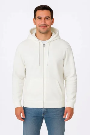 Erkek 3 İplik Pamuklu Kapüşonlu Tam Fermuarlı Cepli Hoodie Sweatshirt - Beyaz