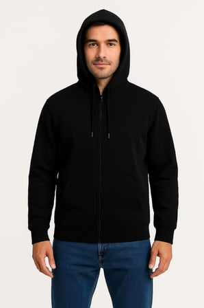 Erkek 3 İplik Pamuklu Kapüşonlu Tam Fermuarlı Cepli Hoodie Sweatshirt - Siyah